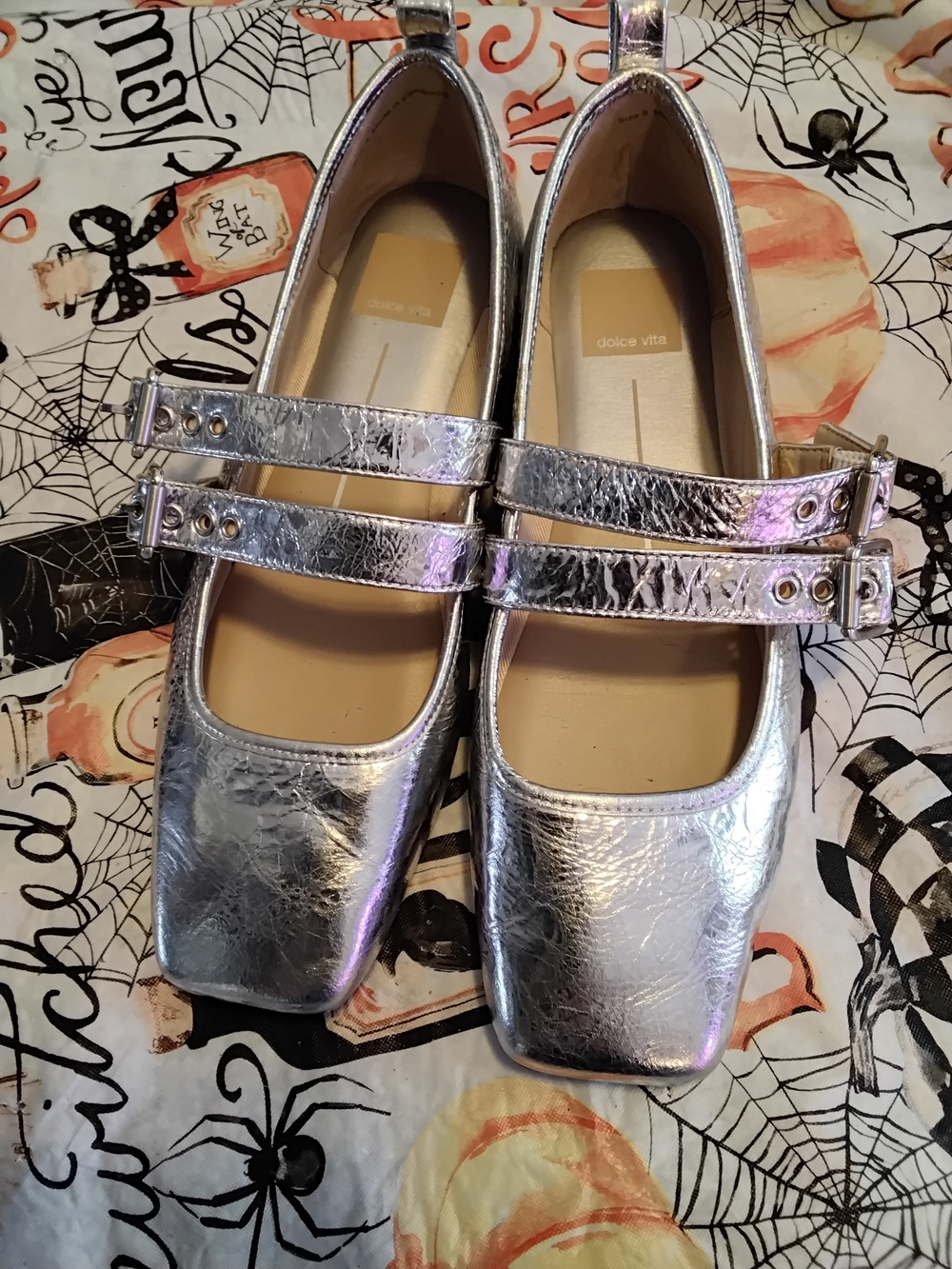 dolce vita Silver Mary Jane Flats - Metallic Double-Strap Women’s Shoes Size 8